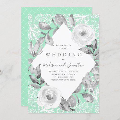 Neo Mint Gray Floral Lace Wedding Invitation