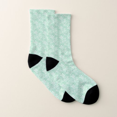 Neo Mint Green and White Romantic Paisley Pattern Socks