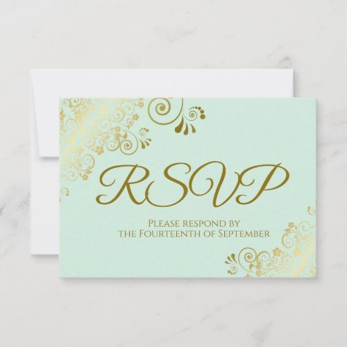 Neo Mint Green  Elegant Gold Lace Frilly Wedding RSVP Card