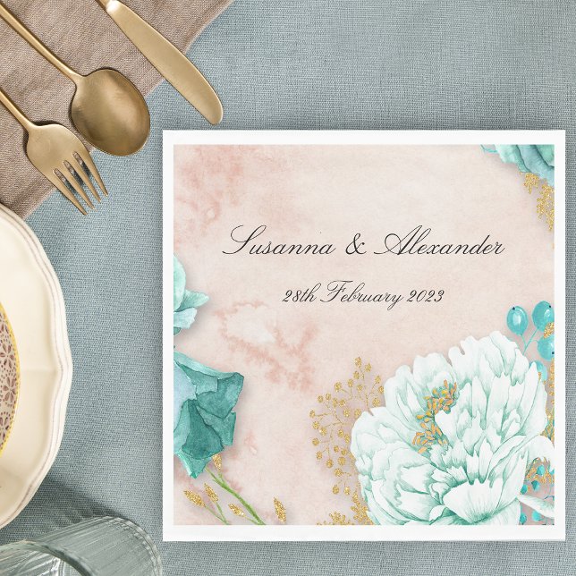 Neo Mint Green Flowers and Blush Pink Boho Wedding Napkins (Creator Uploaded)