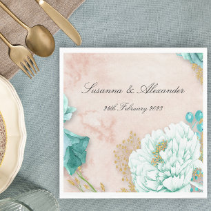 Neo Mint Green Flowers and Blush Pink Boho Wedding Napkins