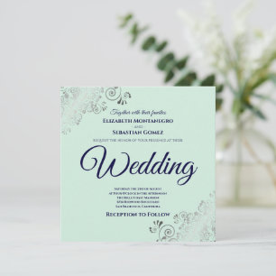 Neo Mint Green & Navy Blue Elegant Square Wedding Invitation