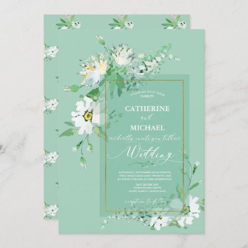 Neo Mint Green Rustic Painted Floral Gold Wedding Invitation