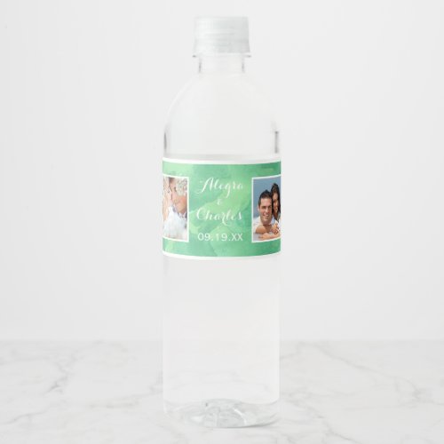 Neo Mint Green Watercolor Wedding Photo Collage Water Bottle Label