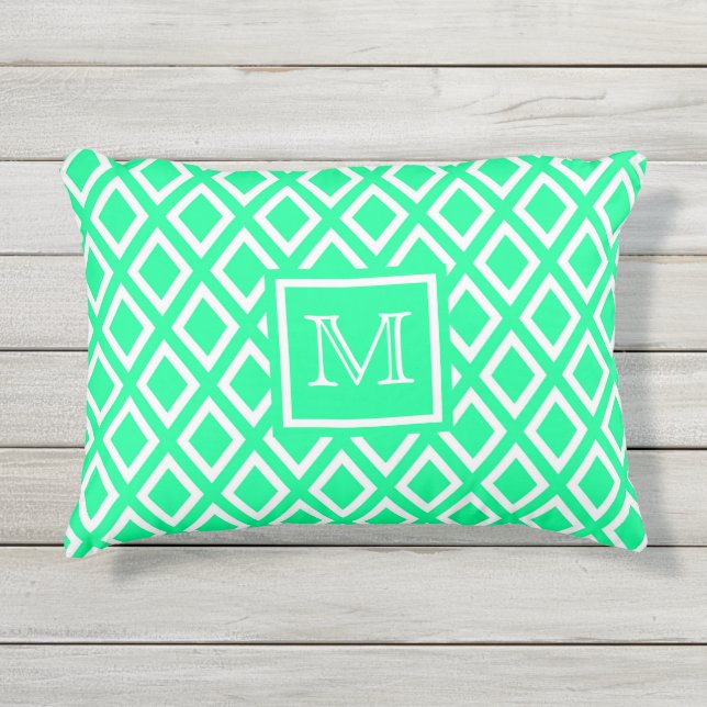 Neo mint green white pattern monogram outdoor pillow (Front)
