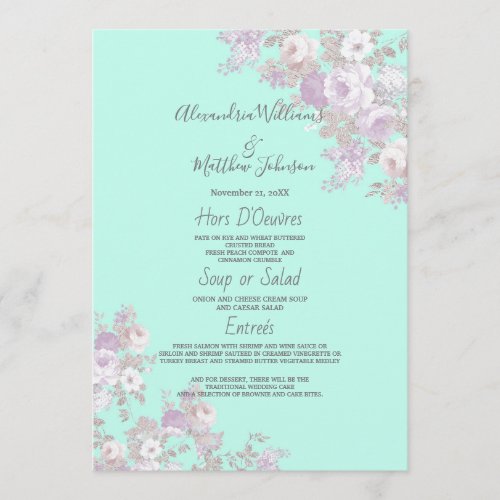 Neo mint lavender white silver floral Wedding Menu