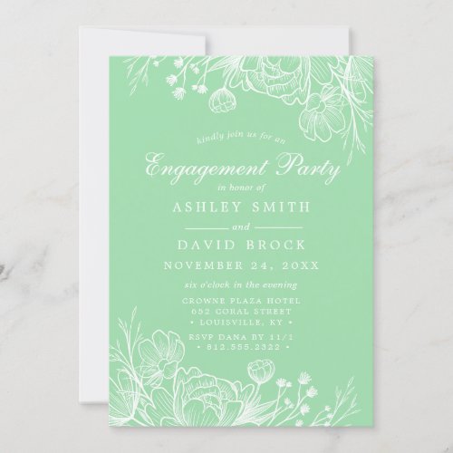 Neo Mint Modern White Floral Engagement Party Invitation