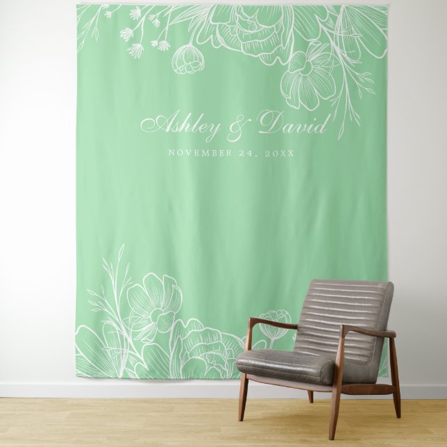 Neo Mint Modern White Floral Photo Booth Backdrop (In Situ)