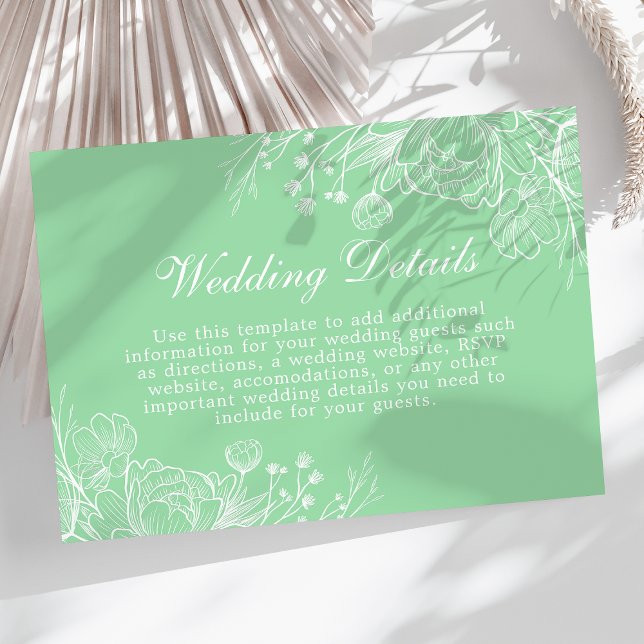 Neo Mint Modern White Floral Wedding Details Card (Creator Uploaded)