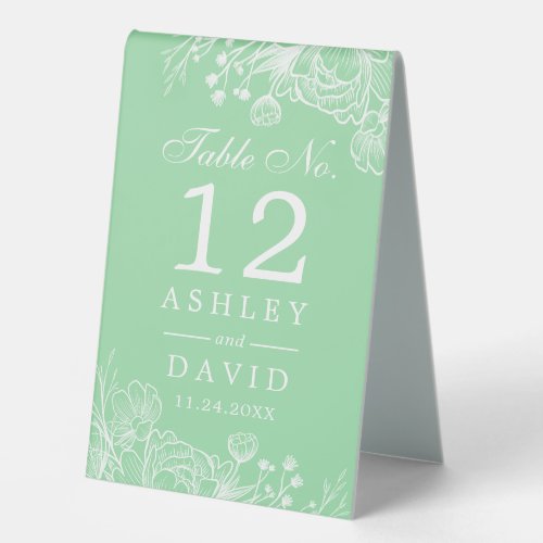 Neo Mint Modern White Floral Wedding Table Number Table Tent Sign