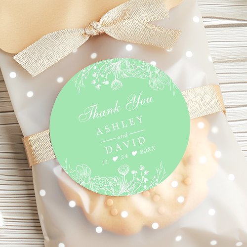 Neo Mint Modern White Floral Wedding Thank You Classic Round Sticker