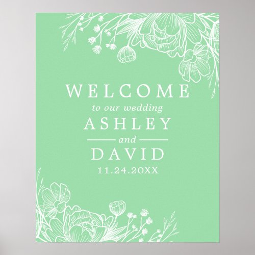 Neo Mint Modern White Floral Wedding Welcome Sign