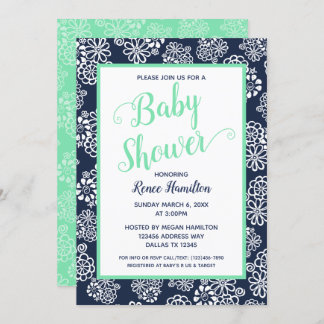 Neo Mint Navy Floral Modern Trendy Baby Shower Invitation