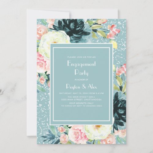 Neo Mint Pink Ivory Floral Teal Engagement Invitation