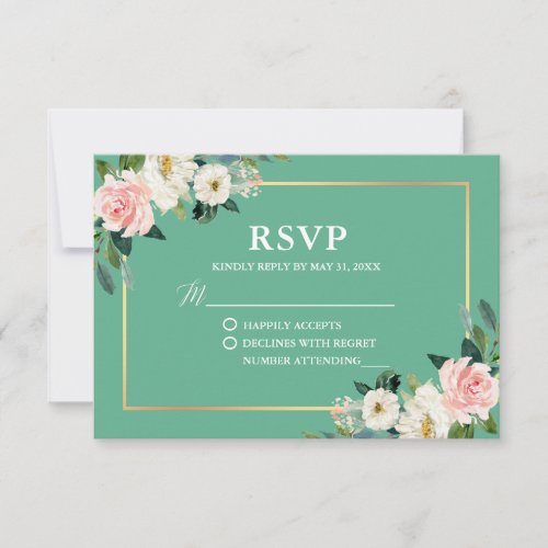 Neo Mint Pink White Floral Gold Wedding RSVP