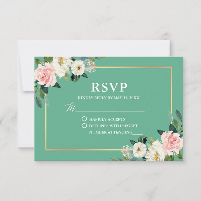 Neo Mint Pink White Floral Gold Wedding RSVP Card (Front)