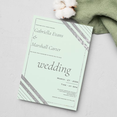 Neo mint silver glitter glam geometric wedding invitation