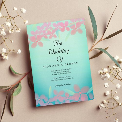 Neo mint teal ombre watercolor pink floral wedding invitation