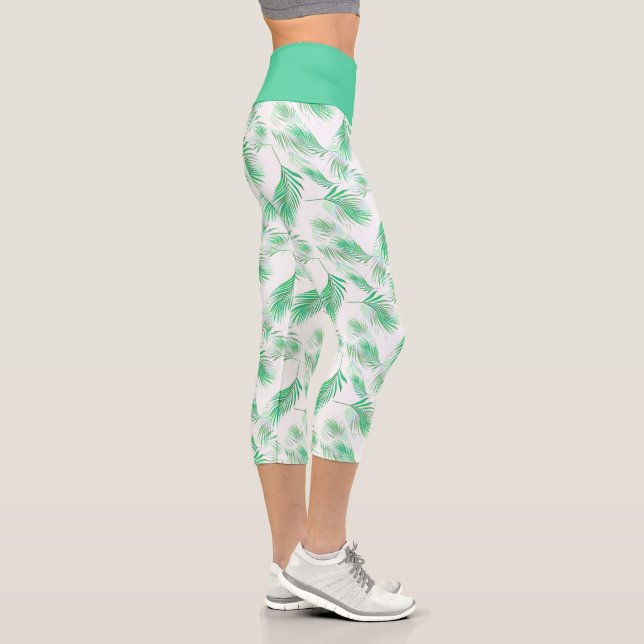 Neo Mint Tropical Palm Leaves Pattern Capri Leggings (Right)