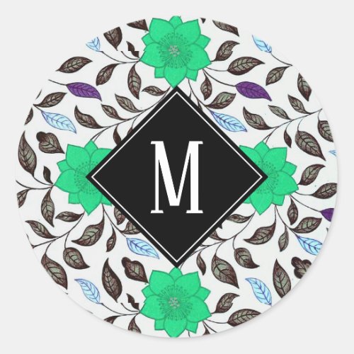 Neo Mint Vintage Floral Poppy Pattern Monogram  Classic Round Sticker