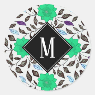 Neo Mint Vintage Floral Poppy Pattern Monogram Classic Round Sticker