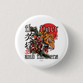 Neo-Traditional Roaring Tiger & Flowers Gothic Art Button