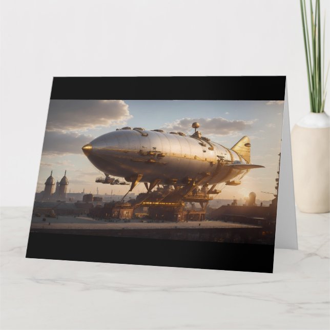 Neo-Victorian Steampunk Airship Docked Card (Front)