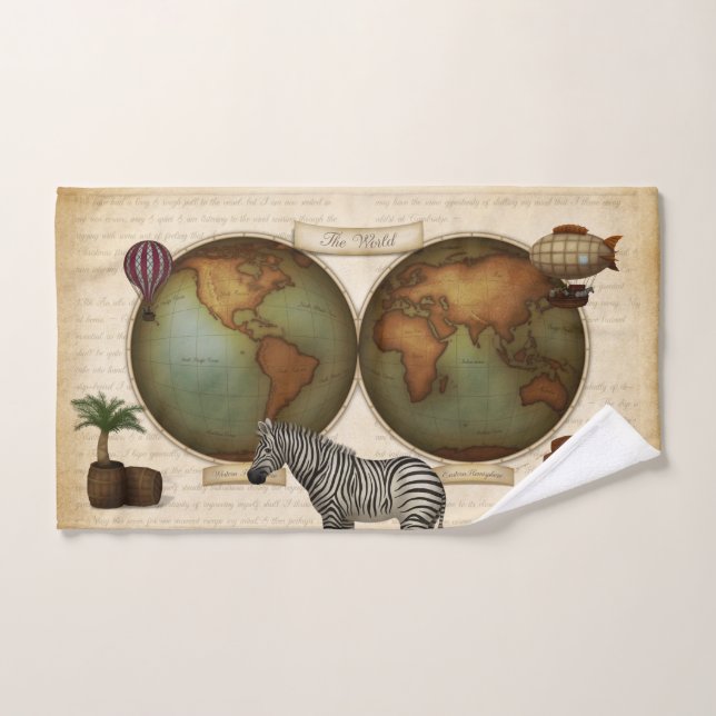 Neo-Victorian World Traveler Atlas Steampunk Map Bath Towel Set (Hand Towel)
