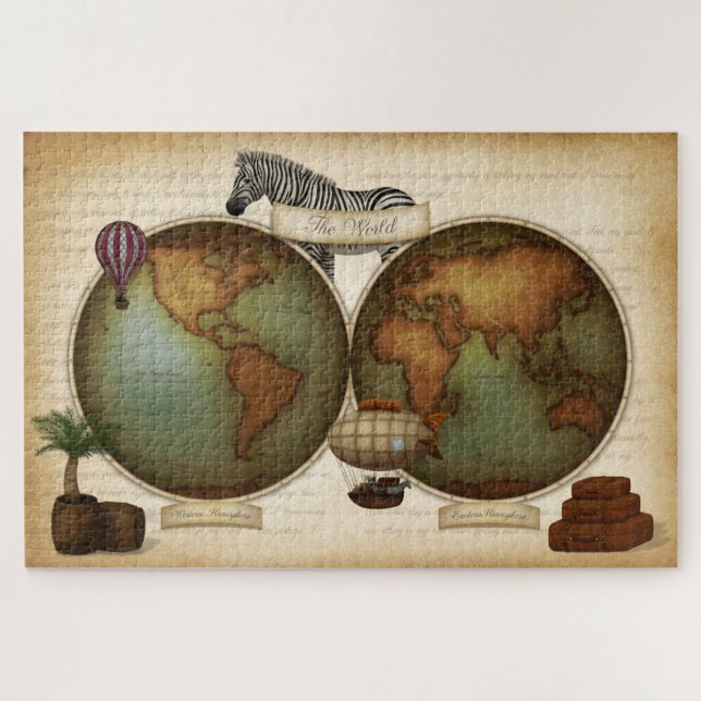 Neo-Victorian World Traveler Atlas Steampunk Map Jigsaw Puzzle (Horizontal)