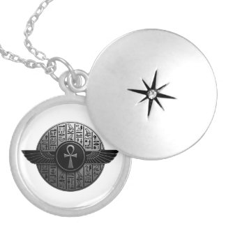 NeoAnkh 3D Golden Winged Ankh & Hieroglyphs Disk Locket Necklace