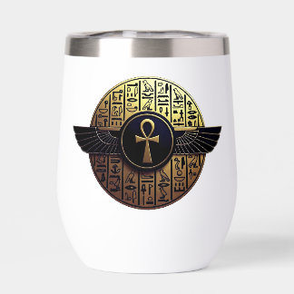 NeoAnkh 3D Golden Winged Ankh & Hieroglyphs Disk Thermal Wine Tumbler
