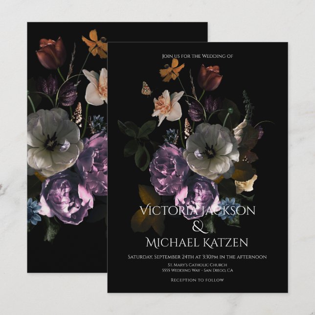 Neoclassical Floral Moonlight Dark & Moody Wedding Invitation (Front/Back)