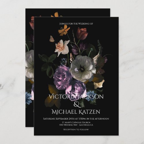 Neoclassical Floral Moonlight Dark  Moody Wedding Invitation