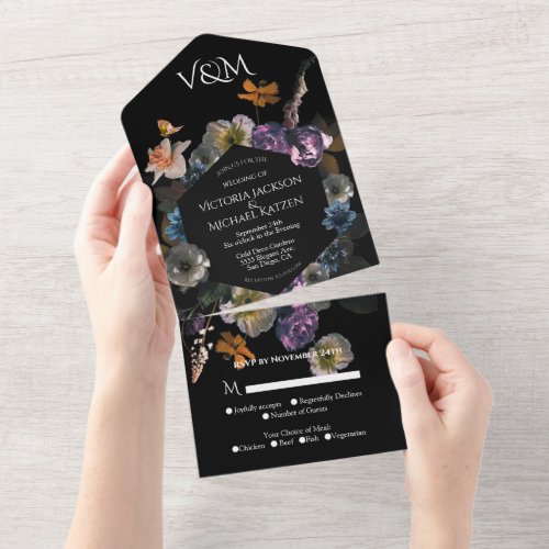 Neoclassical Moonlight Floral Dark  Moody Wedding All In One Invitation