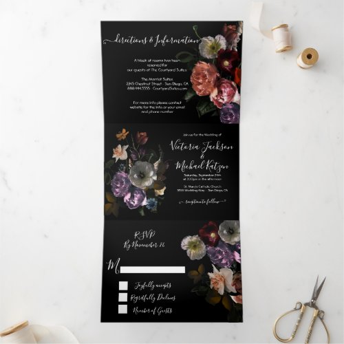 Neoclassical Moonlight Floral Dark  Moody Wedding Tri_Fold Invitation