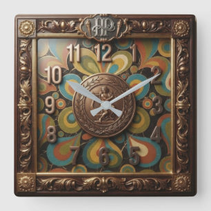 Neoclassical Multicolored Paisley and Bronze Square Wall Clock