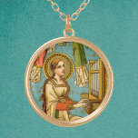 NeoGothic St. Cecilia of Rome (detail; BNG 02) Gold Plated Necklace<br><div class="desc">In this detail from a splendid NeoGothic Swiss devotional print, St. Cecilia of Rome (3rd century) is depicted playing an upright pipe organ against an aqua background patterned with gold dots and stars. Her long auburn hair hangs loose and tumbles over her shoulders and down her back. She wears a...</div>