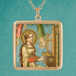 NeoGothic St. Cecilia of Rome (detail; BNG 02) Gold Plated Necklace<br><div class="desc">In this detail from a splendid NeoGothic Swiss devotional print, St. Cecilia of Rome (3rd century) is depicted playing an upright pipe organ against an aqua background patterned with gold dots and stars. Her long auburn hair hangs loose and tumbles over her shoulders and down her back. She wears a...</div>
