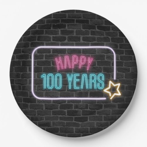 Neon 100th Birthday Marquee On Brick Paper Plate