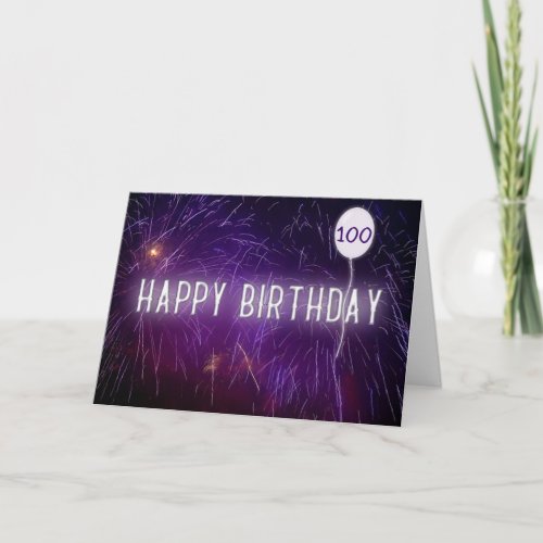 neon 100th birthday sign and balloon in fireworks card