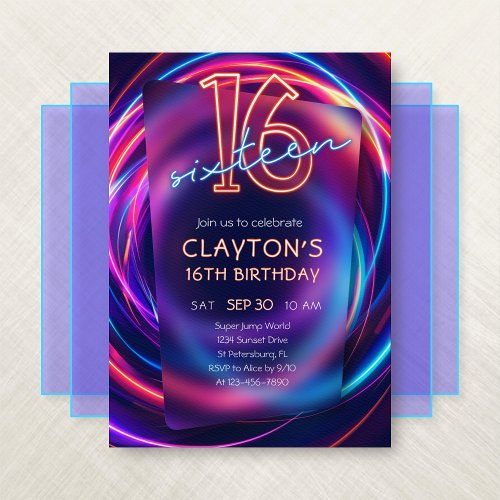 Neon 16th Birthday Invitation