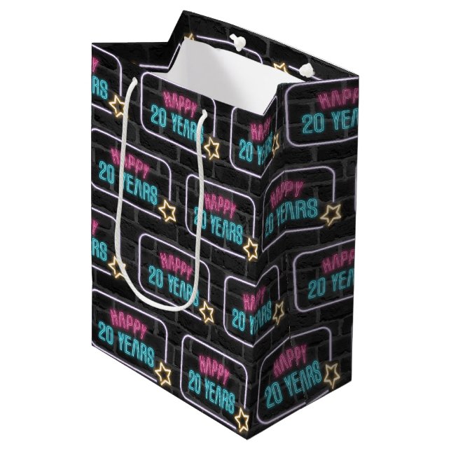 Neon 20th Birthday Sign On Brick Medium Gift Bag (Front Angled)