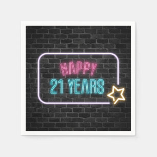 Neon 21st Birthday Marquee On Brick Wall Napkins