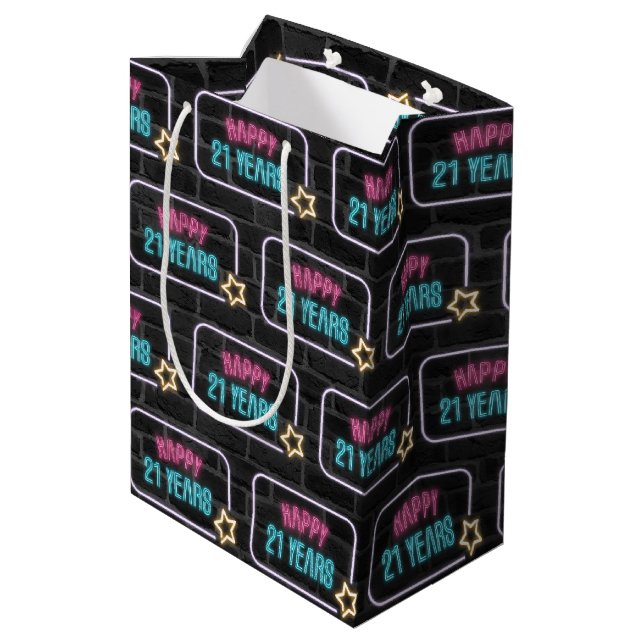 Neon 21st Birthday Sign On Brick Medium Gift Bag (Back Angled)