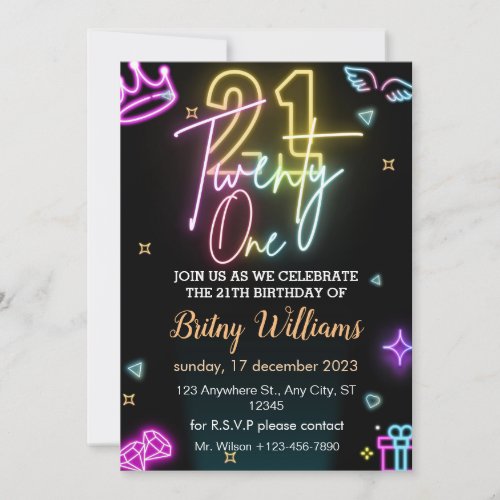 Neon 21th Birthday Invitation