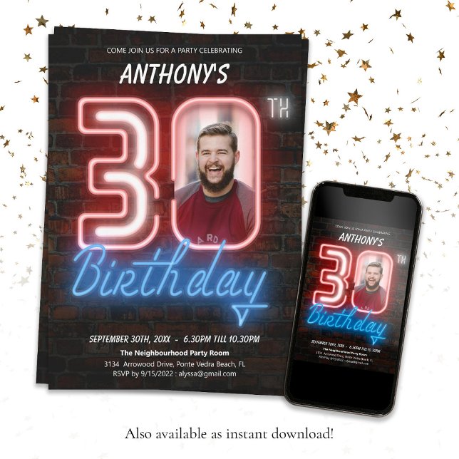 Neon 30th Birthday  Invitation (30th Birthday 80s Retro Neon Sign Custom Photo Invitation)