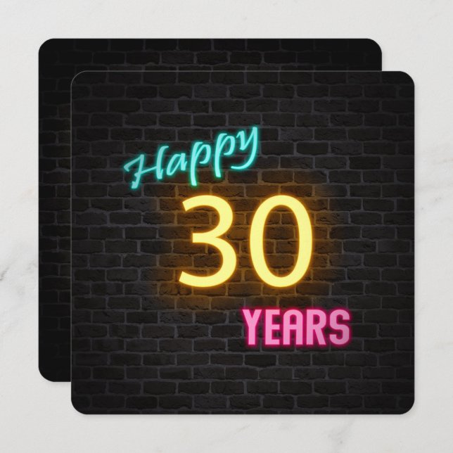 Neon 30th Birthday Sign glowing on brick Invitation (Front/Back)