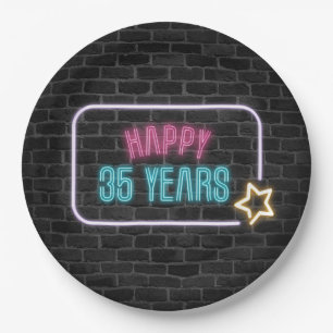Neon 35th Birthday Marquee On Brick Wall Paper Plates