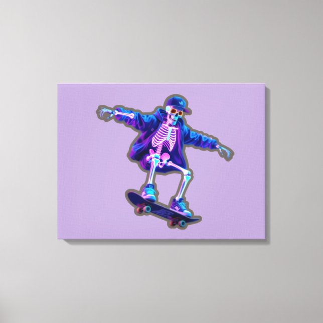 Neon 3D Skeleton Skateboarding – Funny Streetwear  Canvas Print (Front)