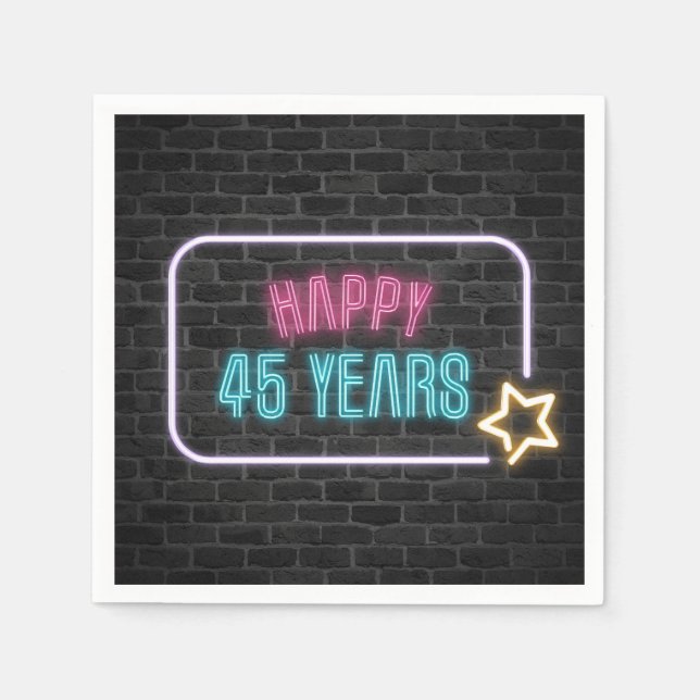 Neon 45th Birthday Marquee On Brick Wall Napkins (Front)